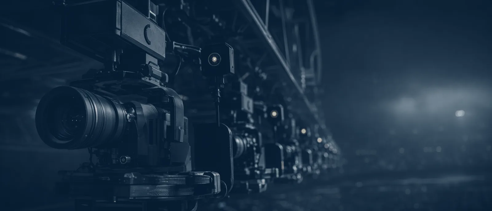 Broadcast camera and tracking rig in a darkened gantry